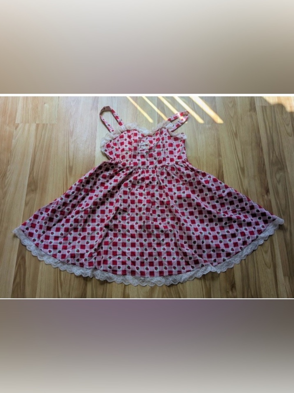 Picnic + Party Pink Patterned Strawberry Sundress w Lace Trim by Sweet Society M